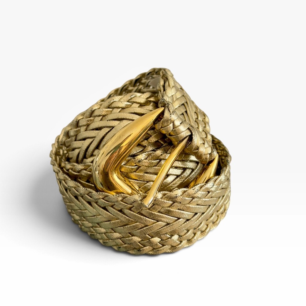 80s Woven Metallic Braided Belt Gold Chunky Buckle Glam Retro Boho M/L